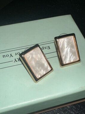 Gold Rectangular Mother-of-Pearl Stud Earrings - Pink Gold Tone